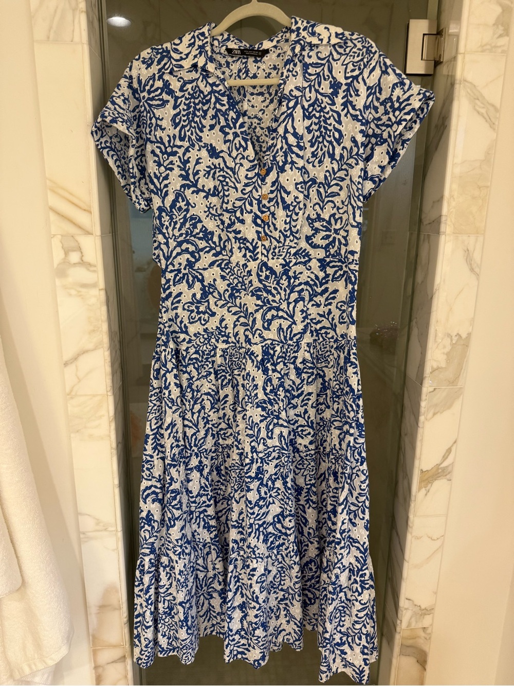Zara Blue & White Floral Tiered Dress open back